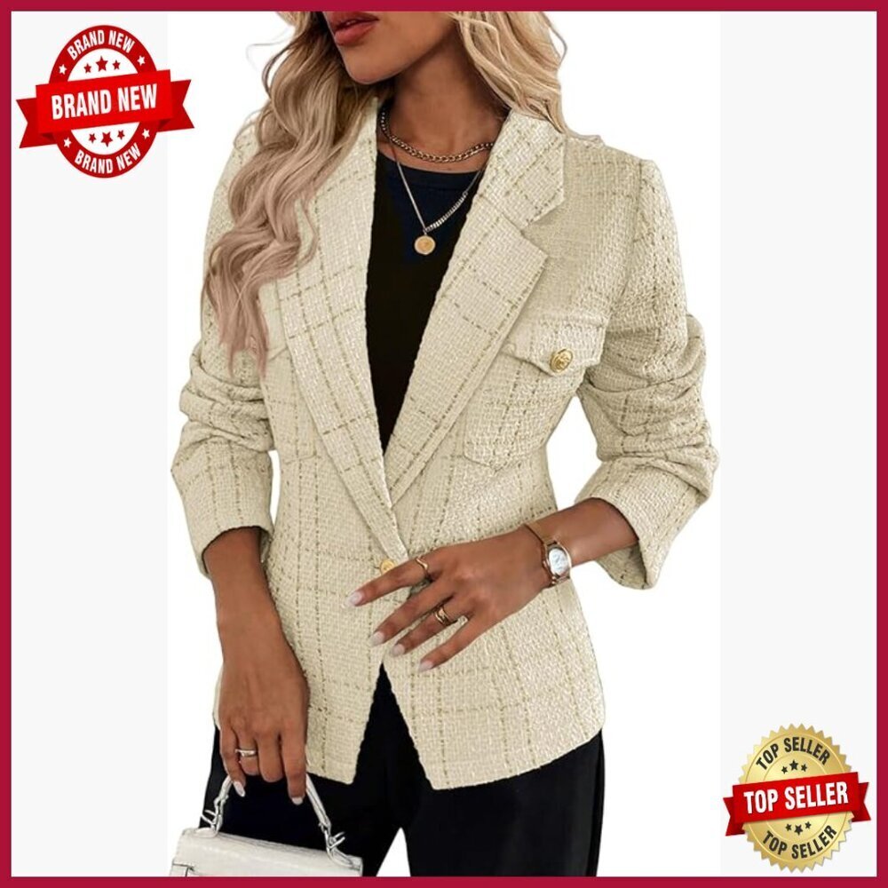 Petite Tweed Blazer Plaid Slim Fit Fully Lined Casual Work Office Jacket